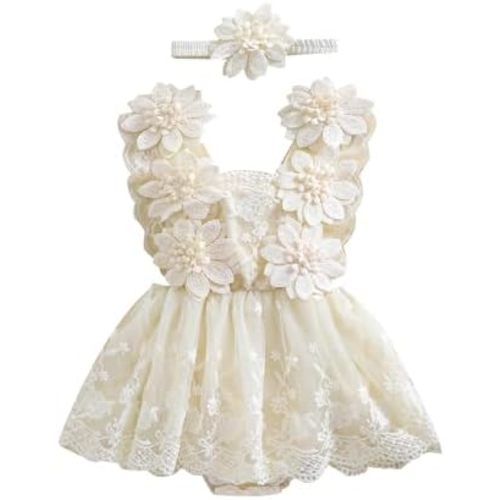 Newborn Baby Girl Romper Dress Lace Floral Sleeveless Tulle Dress with Headband Infant Summer Mesh Jumpsuits