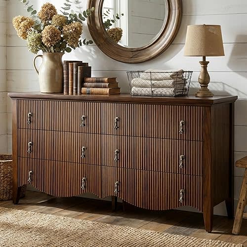 FUSUNBAO 6 Drawer Dresser for Bedroom, Wide Double Dresser with Fluted Design, Vintage Dark Walnut Horizontal Chest of Drawers, Freestanding Storage Cabinet for Living Room & Farmhouse Decor,Walnut