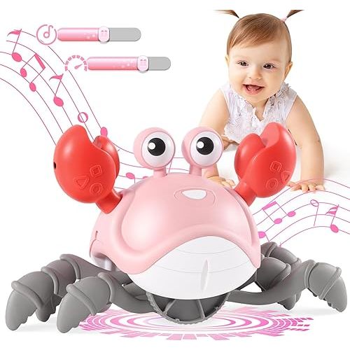Crawling Crab Baby Girl Toys 3.0, Upgraded Tummy Time Baby Toys 6-12 12-18 Month Toddler Valentines Day Gifts, Walking Dancing Crab with Music&Speed Control for 2 3 4 5 6 7 8 9 10+Girls Birthday Gifts
