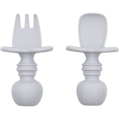 Bumkins Baby Utensils Set, Chewtensils Silicone Spoons for Dipping, Self-Feeding, Baby Led Weaning, Trainer Learning, First Stage Eating, Soft Practice Fork and Spoon, Babies 6 Months, Gray