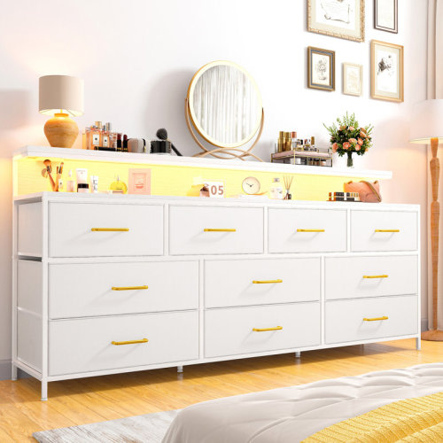 Wrought Studio™ 55" Wide 10 Drawers Dresser For Bedroom With 2-Tier Open Shelves, Long Dresser With Led Light And Power Outlets | Wayfair