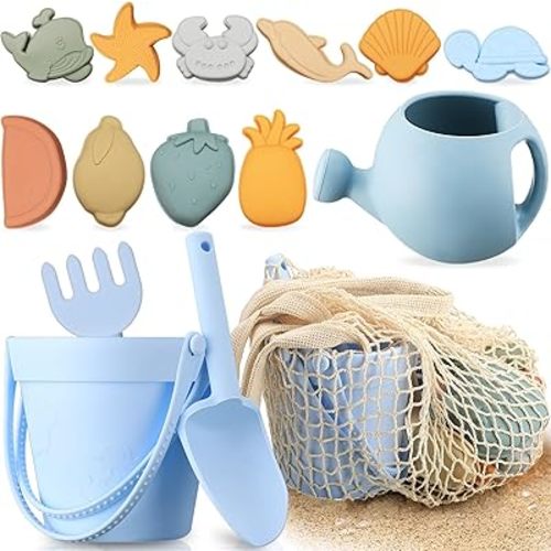 Civaner 15 Pcs Silicone Beach Toys Travel Friendly Beach Set Includes Shovel, Rake, Silicone Bucket,10 Sand Molds, Watering Can, Mesh Bag, Outdoor Baby Sand Travel Toys for Boys, Girls
