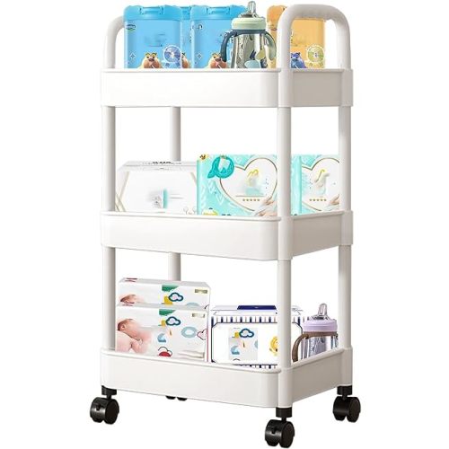 Baby Diaper Caddy, Plastic Movable Diaper Cart with Wheels Newborn Nursery Essentials Baby Diapers Organizer for Changing Table & Crib, Easy to Assemble, White