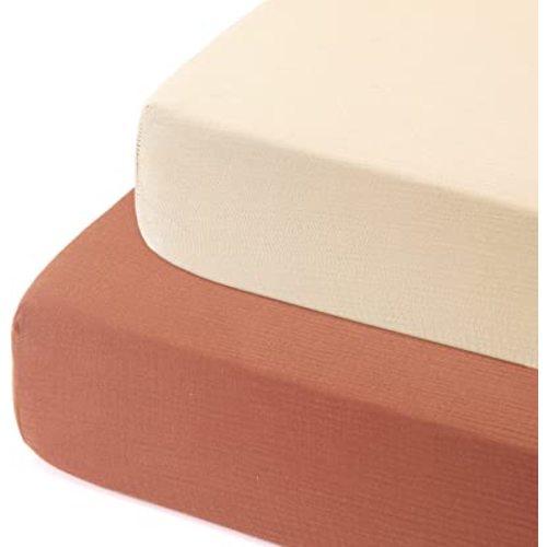 GRSSDER Soft Muslin Crib Sheet 2 Pack, 100% Cotton Crib Sheets for Boys and Girls, Fit Standard Crib Mattresses 52" x 28" Safe and Snug, Brick Red/Beige