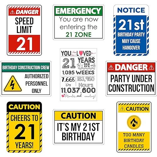 21st Birthday Decorations for Men, Women, Him, Her, Son, Daughter - Funny 9pcs Thick Poster (UNFRAMED 8.8"x11.8") Birthday Warning Wall Signs - 21 Years Old Party Picture Props Decor