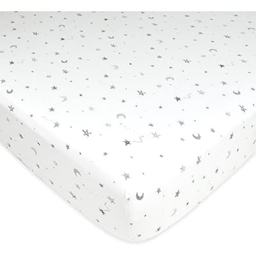 American Baby Company Fitted Crib Sheet 28" x 52", Soft Breathable Neutral 100% Cotton Jersey Sheet, Gray Stars and Moons, for Boys and Girls, Fits Crib and Toddler Bed mattresses