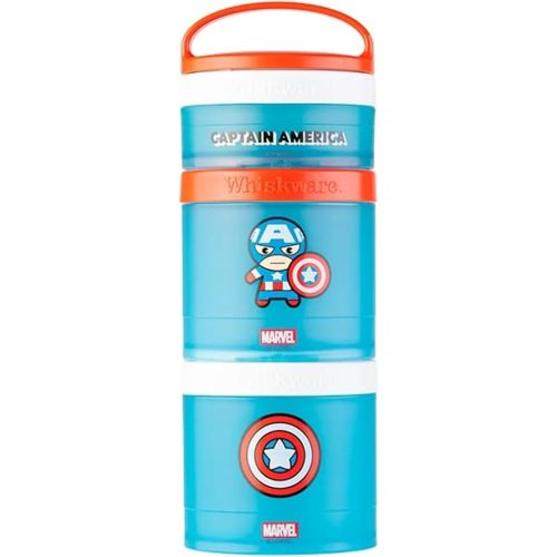 Whiskware Marvel Stackable Snack Containers for Babies, Kids, and Toddlers, 3 Stackable Snack Cups for School or Travel, Formula and Cupholder Friendly, Captain America