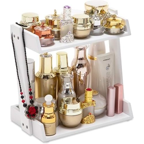 GOBAM Bamboo Makeup & Countertop Organizer, Small - 2 Layer Cosmetics, Lipsticks, Jewelry, Brushes, Hair Accessories & Perfume Organizer for Dresser, Easy Assembly - White