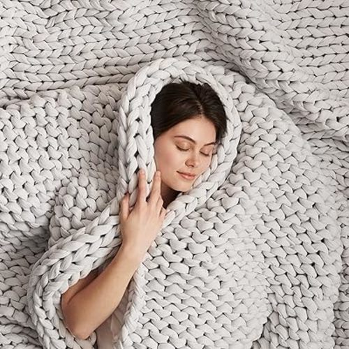 Bearaby Cotton Hand-Knit Weighted Blankets for Adults - Chunky Knit Blanket - Sustainable, Breathable, Organic, Cooling Weighted Blanket - Machine Washable (Moonstone Grey, 15 lbs, 40"x72")