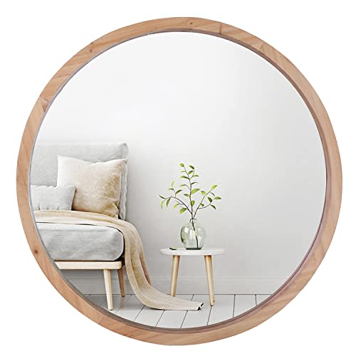 Mirrorize Large Round Mirror 22", Bathroom Mirror for Wall, Circle Mirror Wall Decor for Living Room, Miroir Rond Pour Mural Et Salle De Bain, Wood Frame - Natural Brown - 22" Diameter