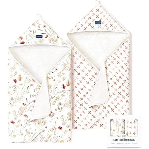 GRSSDER Baby Hooded Towel 2 Pack for Newborn, Super Soft Bath Towels with Original Design, Ultra Absorbent Knit Terry, Large Toddler Towels with Hood for Girls, Shower Gifts for Infant, 34"x 34"