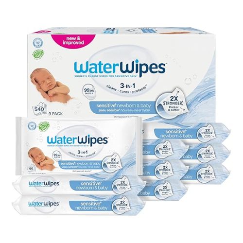 WaterWipes Sensitive+ Newborn & Baby Wipes, 3-In-1 Cleans, Cares, Protects, 99.9% Water, Unscented & Hypoallergenic, 540 Count (9 Packs)