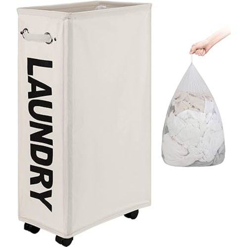 DOKEHOM 29-Inches Enlarged Slim Laundry Basket with Removable Wash Bag on Wheels, Collapsible Rolling Laundry Hamper, Foldable Narrow Corner Clothes Storage Bins (Beige)