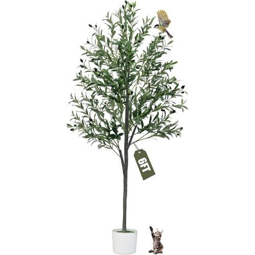 6FT Artificial Olive Tree,Artificial Plants Indoor,Faux Olive Tree Indoor with Natural Wood Trunk and Realistic Leaves and Fruits