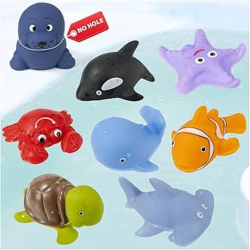Mold Free Bath Toys - 8Pcs No Holes Ocean Sea Animals Figures Creature Bathtub Toys,Soft Water & Pool Toys for Toddlers Kids Baby Ages 3-8,Perfect Bathroom Toys Gift for Boys & Girls