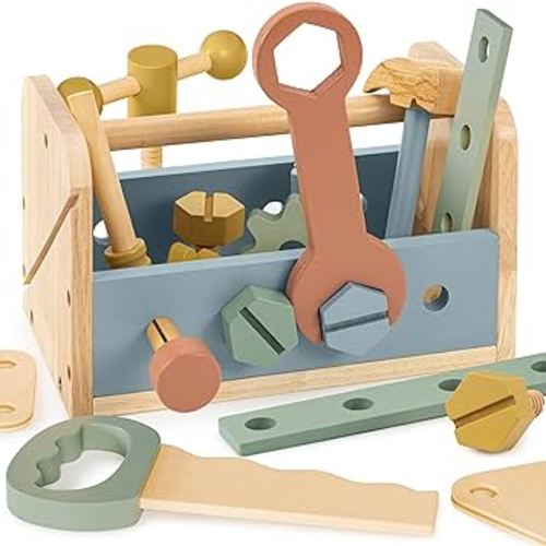 Stylish Wooden Tool Set for Toddlers - Durable Montessori Tool Box Kit with Hammer for Boys & Girls 2-5 Years - Fun Christmas Toy Gift for Kids with 30+ Safe Tools for Creative Play