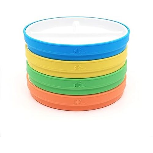 Elk and Friends Kids 6.7” Porcelain White Plates with Silicone Sleeves | Divided Plates | Suitable for Kids/Toddlers | Microwave & Dishwasher Safe | Non Slip | Snack Dishes