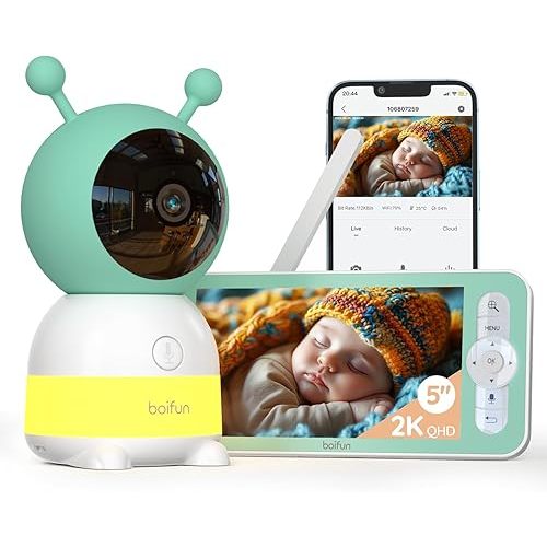 BOIFUN 2K WiFi Baby Monitor with Camera and Audio,Smartphone APP, Colorful Night Light, Smart AI Motion & Sound & Humidity & Temperature Detection, Auto Tracking,5-Inch Monitor Control, Night Vision