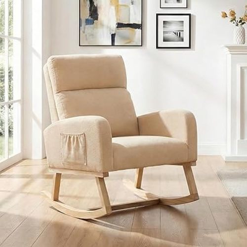 Rocking Chair Nursery, Nursery Rocker Chairs for Mom with High Backrest and Solid Wood Legs, Modern Glider Chairs for Nursing Living Room Bedroom, Khaki