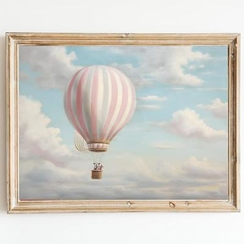 Hot Air Balloon Canvas Wall Art Travel Prints Pink Vintage Poster Nursery Cloud Art Airship Art for Baby Room - 16x24 inch No Frame
