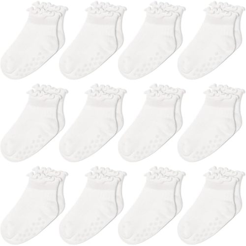 Jeyiour 12 Pairs Toddler Ruffle Grip Socks Baby Newborn Gift Girls Cotton Non-Slip Frilly Anti-Skid Cute Socks 0-24 Months