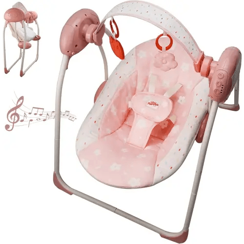 Baby Swings for Infants, Tiny Marvels Portable Swing with Adaptable Speed, Music, Removable-Toy-Bar, Foldable Infant Swing for Indoor and Outdoor Use, 0-9 Months 6-20 lbs(Blush Bloom)
