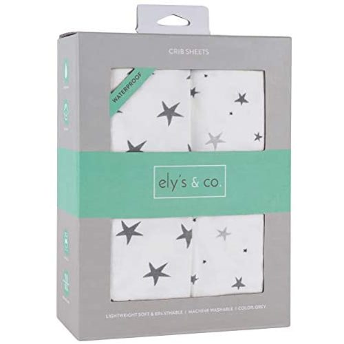 Ely’s & Co. Patent Pending Waterproof Crib│Toddler Bed Sheet 2-Pack Set for Baby Boy - 100% Cotton, Jersey Knit Cotton Sheets with Waterproof Lining — Grey Stars