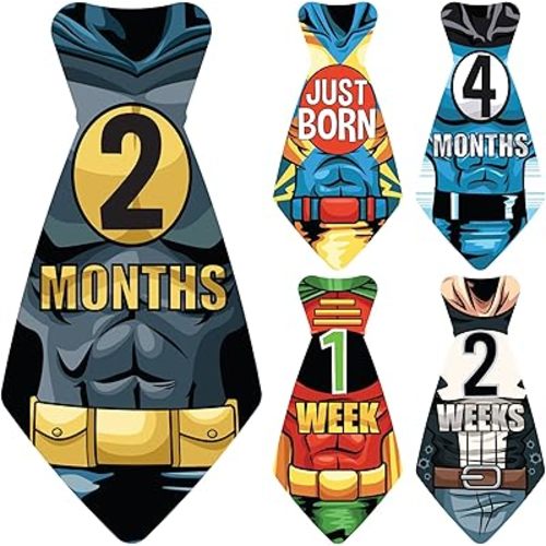 Original Stick'Nsnap (TM) 17 Baby Monthly Necktie Onesie Stickers - "Happy Heroes" (TM) Milestones for 12 Months +5 Bonus Milestones
