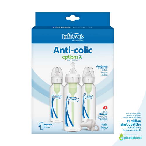 Dr. Brown's Natural Flow Anti-Colic Options+ Narrow Baby Bottle, 8oz, 3 Pack + HappyPaci