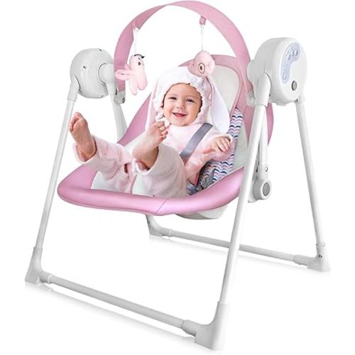 Baby Swing SpaceSaver Ultra-Compact Foldable Infant Swing (Fits in 5.3" Gaps!) 6 Speed Modes | Portable Newborn Swing for Travel/Car/Picnic (0-6M, 6-20lbs Pink)