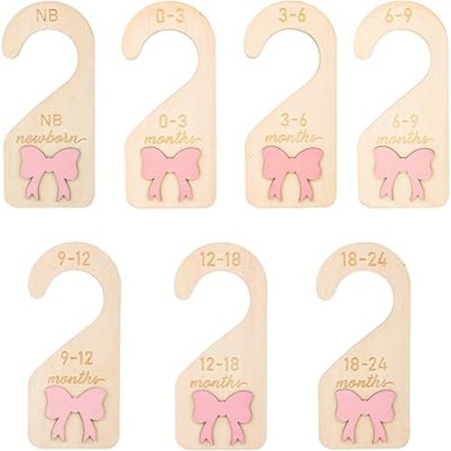 7pcs Baby Closet Dividers, Double-Sided Baby Wardrobe Organizer 3D Pink Bow Wooden Infant Clothes Size Dividers Hanger Organization for Girl Boy Newborn to 24 Months Nursery Decor