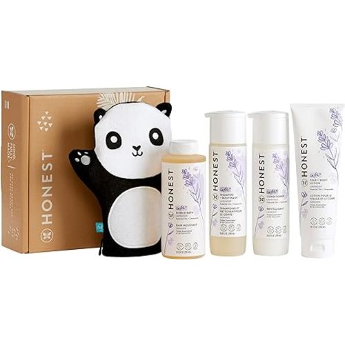 The Honest Company Lavender Bathtime Essentials Bundle | Shampoo + Body Wash, Conditioner, Face + Body Lotion, Bubble Bath, Panda Bath Mitt | Naturally Derived, Tear-Free, Hypoallergenic