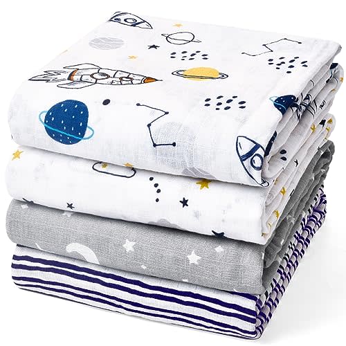 david's kids 4 Pack Baby Muslin Swaddle Blankets, 100% Cotton and Ultra Soft Breathable Receiving Blanket Wrap for Boys Girls, New Born Essentials, Large 47 x 47 inches, Space/Stars/Wave
