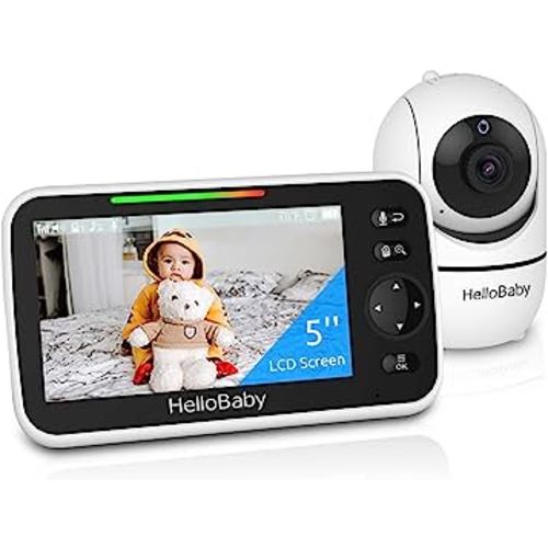 HelloBaby Upgrade Monitor, 5''Sreen with 30-Hour Battery, Pan-Tilt-Zoom Video Baby Monitor with Camera and Audio, Night Vision, VOX, 2-Way Talk, 8 Lullabies and 1000ft Range No WiFi, Ideal Gifts