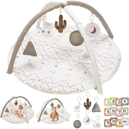Tummy Time Mat with 6 Toys, Macrame Baby Play Mat for Newborn, Baby Gym with 12 Milestone Cards, Stage-Based Sensory and Motor Skill Development Baby Play Gym, Non Slip Mat Washable, Khaki