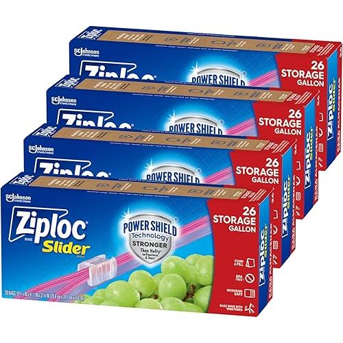 Ziploc Gallon Food Storage Slider Bags, Power Shield Technology for More Durability, 104 Bags Total