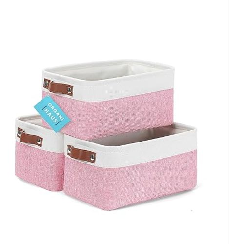 OrganiHaus Small Fabric Storage Baskets for Shelves 3 Pack, 12x8in Closet Storage Bins for Shelves, Cloth Baskets for Organizing, Linen Closet Organizers, Fabric Basket, Pink/White