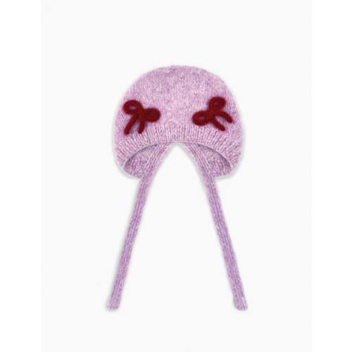 Hand-Knitted Alpaca Bonnet in Pink/Red Bow
