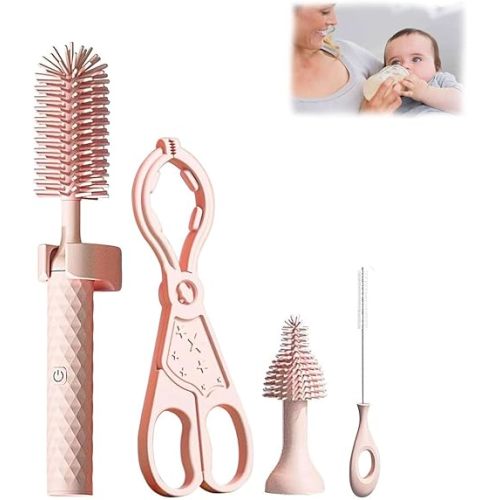Toph Bottle Brush, Toph 360 Bottle Cleaner, Toph 360 Cleaner, Toph Bottle Brush Electric,Electric Bottle Brush Cleaner,Portable Travel Electric Baby Bottle Brush Set,Long Handle (Four Piece Pink)