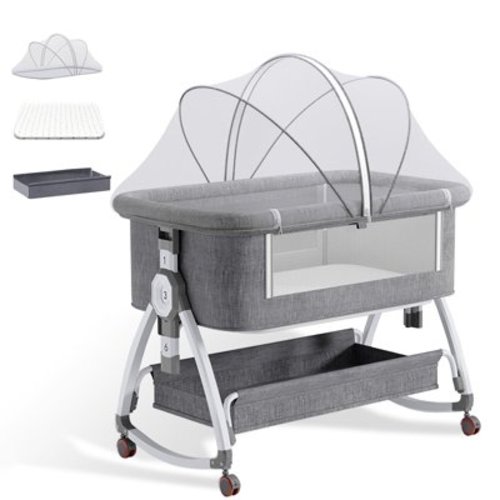 stusgo 5-in-1 Folding Baby Bassinet ,6 Height Adjustable withwith Lockable Wheels(Gray)