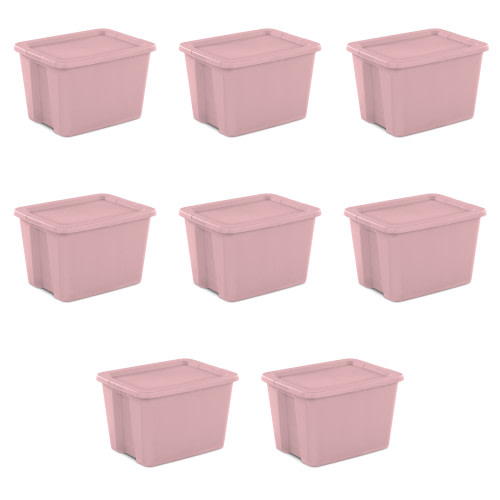 Sterilite Large Storage Bin, 18 Gallon Plastic Storage Container with Snap-On Lid, Light Pink, Pack of 8