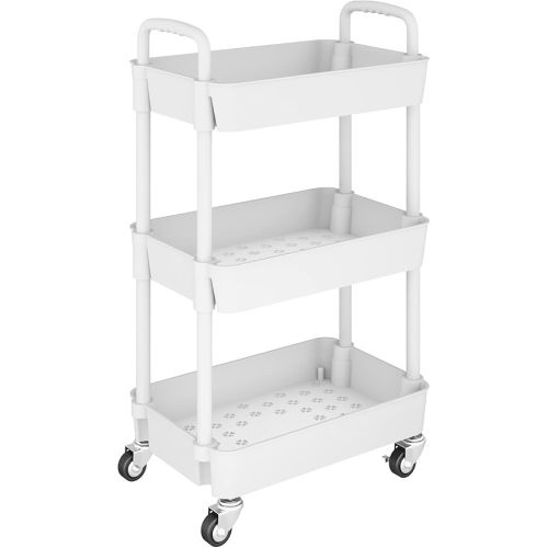 UDEAR 3-Tier Kitchen Rolling Utility Cart,Multifunction Storage Organizer with Handle and 2 Lockable Wheels for Kitchen,Bathroom,Living Room,Office,White