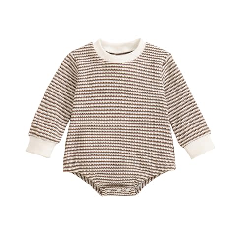Gobuuly Baby Sweatshirt Romper Boy Girl Waffle Knit Long Sleeve Striped Romper Oversized Sweater Newborn Fall Winter Clothes