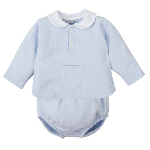 Blue Long Sleeve Collared Front Pocket Diaper Set