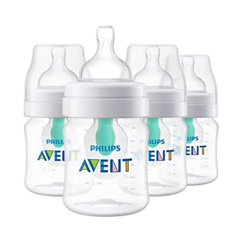 Philips Avent Anti-Colic Bottle with AirFree Vent, 4oz, with Flow 1 Nipples, 0m+, 4pk, Clear, SCY701/04