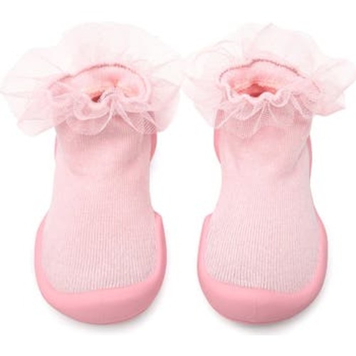 Toddler Girl Sock Shoes Tulle Trim - Beige, 5 W