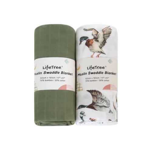 LifeTree Muslin Swaddle Blankets, Baby Swaddling Wrap Nursery Receiving Blanket for Boys & Girls, 70% Viscose from Bamboo and 30% Cotton, Large 47 x 47 inches Mallard Duck/Olive Green