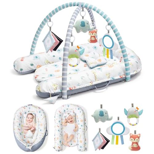 Baby Play Mat, 7-in-1 Infant Gym Mat for Sensory and Motor Development, Washable & Portable Newborn Tummy Time Activity Mat for Home & Travel, Babies Gift for 0-3-6-9-12-18 Months