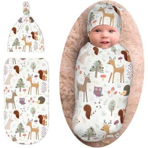 Cute Animals Deer Swaddle Blanket with Beanie Set, Woodland Theme Baby Stuff Newborn Blanket Swaddle Sack for Girls Boys