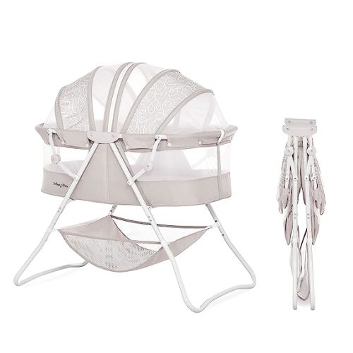 Dream On Me Karley Bassinet in Cool Grey, Lightweight Portable Baby Bassinet, Quick Fold and Easy to Carry , Adjustable Double Canopy, Indoor and Outdoor Bassinet with Large Storage Basket.